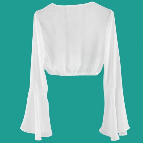 SEXY DEEP V NECK BELL SLEEVES ELASTIC WAIST SLIM WOMEN'S CHIFFON SHIRT