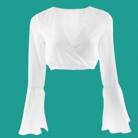 SEXY DEEP V NECK BELL SLEEVES ELASTIC WAIST SLIM WOMEN'S CHIFFON SHIRT