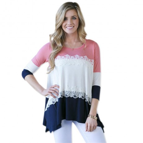STYLISH ROUND NECK 3/4 SLEEVE LACE STITCHING DESIGN WOMEN'S T-SHIRT