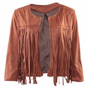 STYLISH COLLARLESS THREE QUARTER SLEEVE TASSEL DESIGN WOMEN SHORT COAT