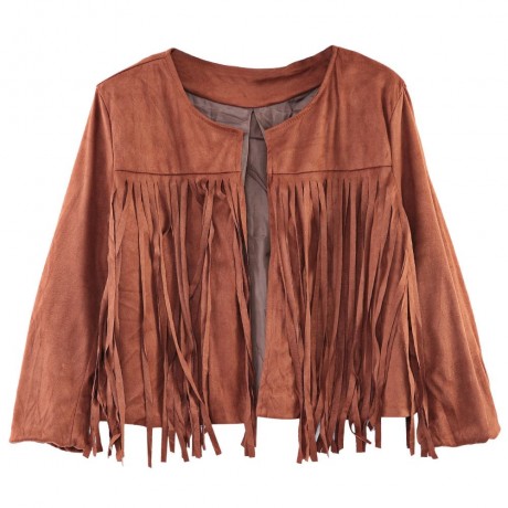 STYLISH COLLARLESS THREE QUARTER SLEEVE TASSEL DESIGN WOMEN SHORT COAT