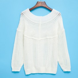 CHIC SLASH COLLAR LONG SLEEVE TWIST BRAID PURE COLOR WOMEN PULLOVER