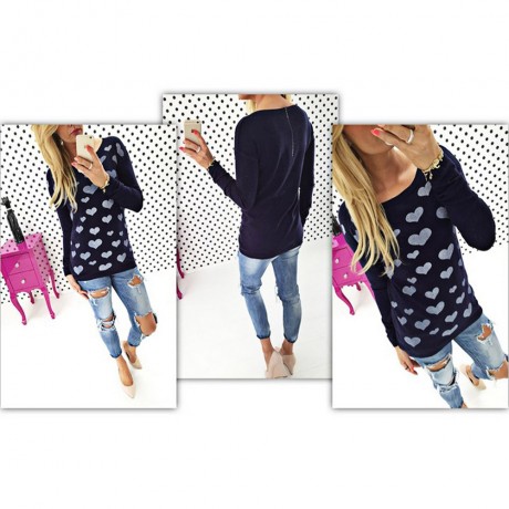 STYLISH SCOOP COLLAR LONG SLEEVE HEART PRINT ZIPPERED T-SHIRT FOR LADIES