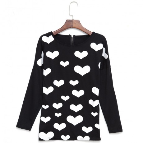 STYLISH SCOOP COLLAR LONG SLEEVE HEART PRINT ZIPPERED T-SHIRT FOR LADIES