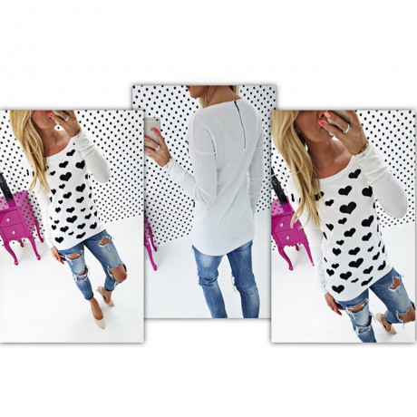STYLISH SCOOP COLLAR LONG SLEEVE HEART PRINT ZIPPERED T-SHIRT FOR LADIES