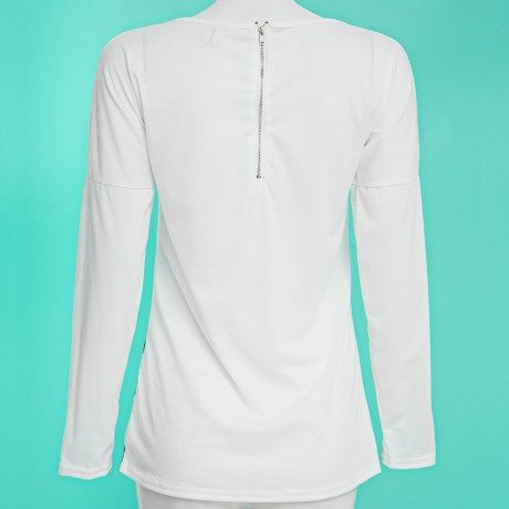 STYLISH SCOOP COLLAR LONG SLEEVE HEART PRINT ZIPPERED T-SHIRT FOR LADIES