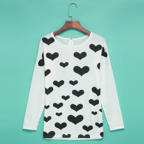 STYLISH SCOOP COLLAR LONG SLEEVE HEART PRINT ZIPPERED T-SHIRT FOR LADIES