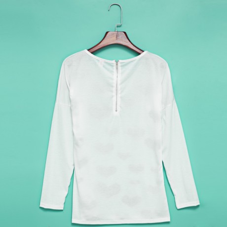 STYLISH SCOOP COLLAR LONG SLEEVE HEART PRINT ZIPPERED T-SHIRT FOR LADIES