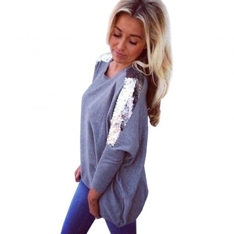 CASUAL ROUND COLLAR LONG SLEEVE SEQUIN PURE COLOR LOOSE-FITTING LADIES KNITWEAR