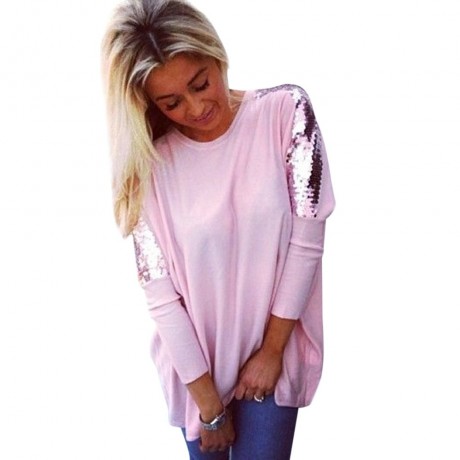CASUAL ROUND COLLAR LONG SLEEVE SEQUIN PURE COLOR LOOSE-FITTING LADIES KNITWEAR