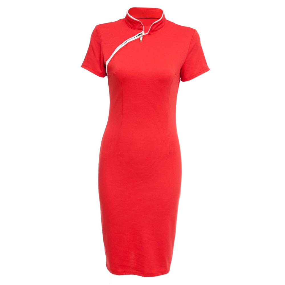 STYLISH RETRO MANDRAIN COLLAR SHORT SLEEVED SOLID ELASTIC CHEONGSAM
