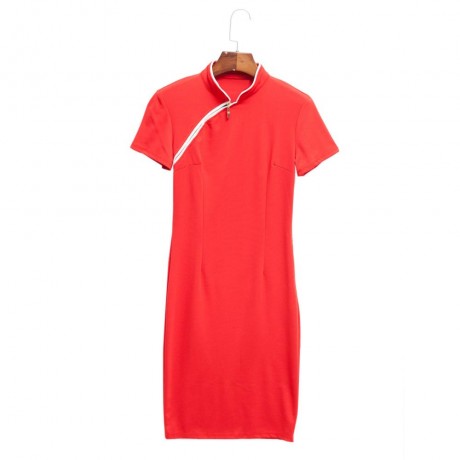 STYLISH RETRO MANDRAIN COLLAR SHORT SLEEVED SOLID ELASTIC CHEONGSAM