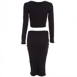 ELEGANT ROUND NECK LONG SLEEVE KNITTED SWEATER   SEMI LONG TIGHT KNIT SKIRT SUIT