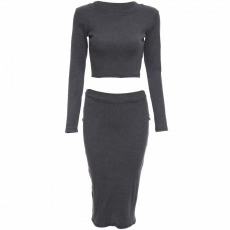 ELEGANT ROUND NECK LONG SLEEVE KNITTED SWEATER   SEMI LONG TIGHT KNIT SKIRT SUIT