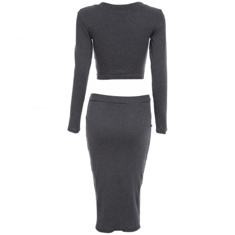 ELEGANT ROUND NECK LONG SLEEVE KNITTED SWEATER   SEMI LONG TIGHT KNIT SKIRT SUIT