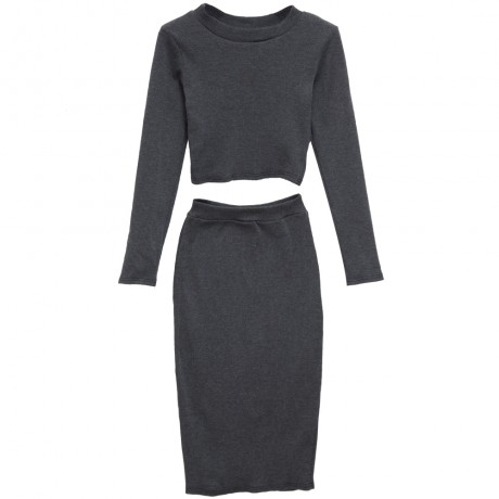 ELEGANT ROUND NECK LONG SLEEVE KNITTED SWEATER   SEMI LONG TIGHT KNIT SKIRT SUIT