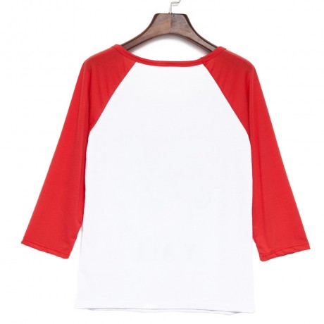 CASUAL ROUND COLLAR LONG SLEEVE COLOR BLOCK SANTA CLAUS PRINT T-SHIRT FOR WOMEN