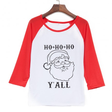 CASUAL ROUND COLLAR LONG SLEEVE COLOR BLOCK SANTA CLAUS PRINT T-SHIRT FOR WOMEN