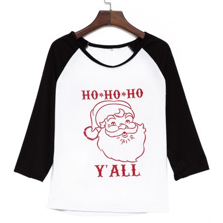 CASUAL ROUND COLLAR LONG SLEEVE COLOR BLOCK SANTA CLAUS PRINT T-SHIRT FOR WOMEN