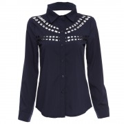 SEXY TEMPERAMENT BACKLESS LONG SLEEVED HOLLOW SOLID SHIRT DRESS