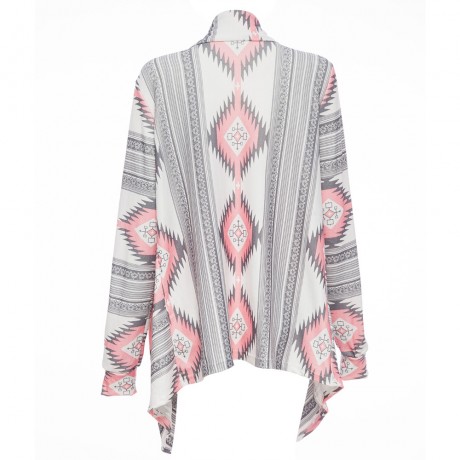 STYLISH COLLARLESS LONG SLEEVE TRIBAL PRINT ASYMMETRICAL CARDIGAN FOR LADIES