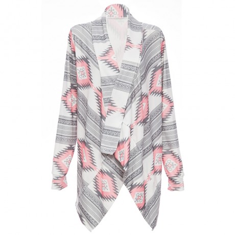 STYLISH COLLARLESS LONG SLEEVE TRIBAL PRINT ASYMMETRICAL CARDIGAN FOR LADIES
