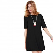 SIMPLE ROUND COLLAR HALF SLEEVE A-LINE BLACK DRESS FOR LADIES