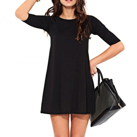 SIMPLE ROUND COLLAR HALF SLEEVE A-LINE BLACK DRESS FOR LADIES