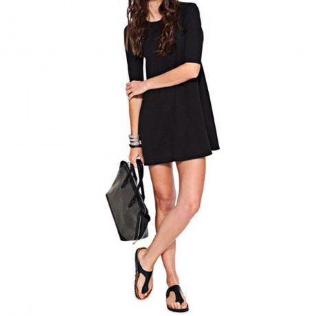 SIMPLE ROUND COLLAR HALF SLEEVE A-LINE BLACK DRESS FOR LADIES