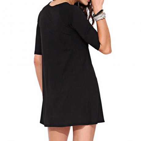 SIMPLE ROUND COLLAR HALF SLEEVE A-LINE BLACK DRESS FOR LADIES
