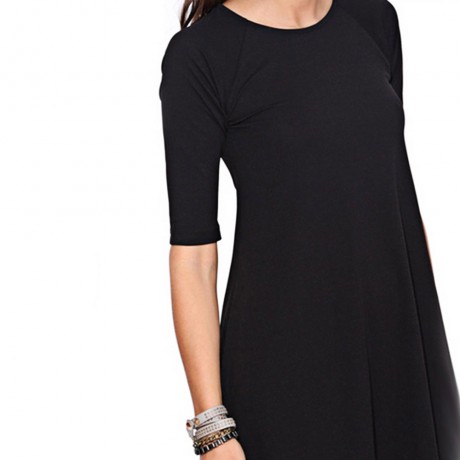 SIMPLE ROUND COLLAR HALF SLEEVE A-LINE BLACK DRESS FOR LADIES