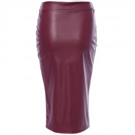 TRENDY MID WAIST PURE COLOR FAUX LEATHER SKINNY MIDI SKIRT FOR LADIES