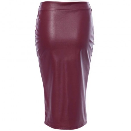 TRENDY MID WAIST PURE COLOR FAUX LEATHER SKINNY MIDI SKIRT FOR LADIES