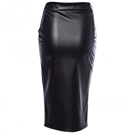 TRENDY MID WAIST PURE COLOR FAUX LEATHER SKINNY MIDI SKIRT FOR LADIES