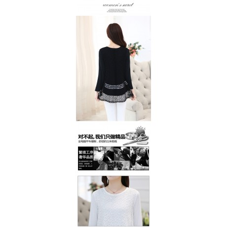 PLUS SIZE STYLISH LOOSE WAIST LACE WHITE LONG SLEEVE TOP JA0003BKP (BLACK, SIZE 2XL)