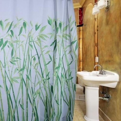 NATURAL FRESH BAMBOO DESIGN PATTERN WATERPROOF POLYESTER BATH CURTAIN WITH 12 PLASTIC BUCK