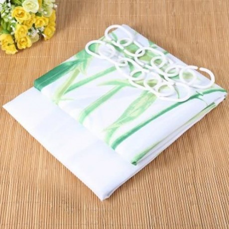 NATURAL FRESH BAMBOO DESIGN PATTERN WATERPROOF POLYESTER BATH CURTAIN WITH 12 PLASTIC BUCK