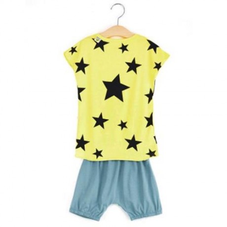 2PCS KIDS LEISURE ROUND COLLAR SLEEVELESS T-SHIRT SHORT HAREN PANTS CLOTHING SET (YELLOW)