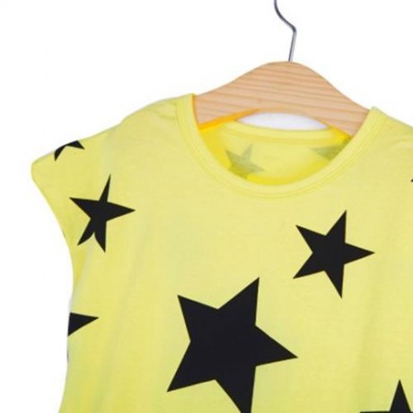 2PCS KIDS LEISURE ROUND COLLAR SLEEVELESS T-SHIRT SHORT HAREN PANTS CLOTHING SET (YELLOW)