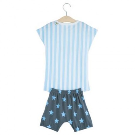 2PCS LOVELY KIDS STAR PRINTED ROUND COLLAR SLEEVELESS STRIPE T-SHIRT HAREN PANTS (LIGHT BL