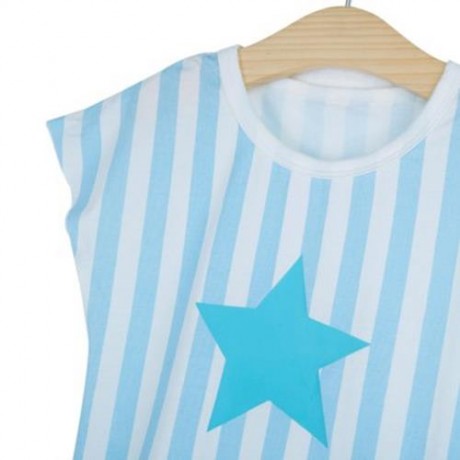 2PCS LOVELY KIDS STAR PRINTED ROUND COLLAR SLEEVELESS STRIPE T-SHIRT HAREN PANTS (LIGHT BL