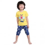 2PCS CHILDREN PLANE PRINTED ROUND COLLAR T-SHIRT STAR PRINTED PANTS (YELLOW)