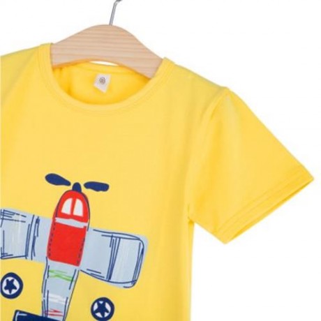2PCS CHILDREN PLANE PRINTED ROUND COLLAR T-SHIRT STAR PRINTED PANTS (YELLOW)