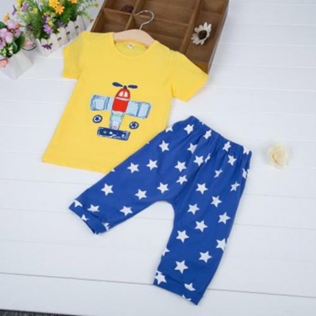 2PCS CHILDREN PLANE PRINTED ROUND COLLAR T-SHIRT STAR PRINTED PANTS (YELLOW)