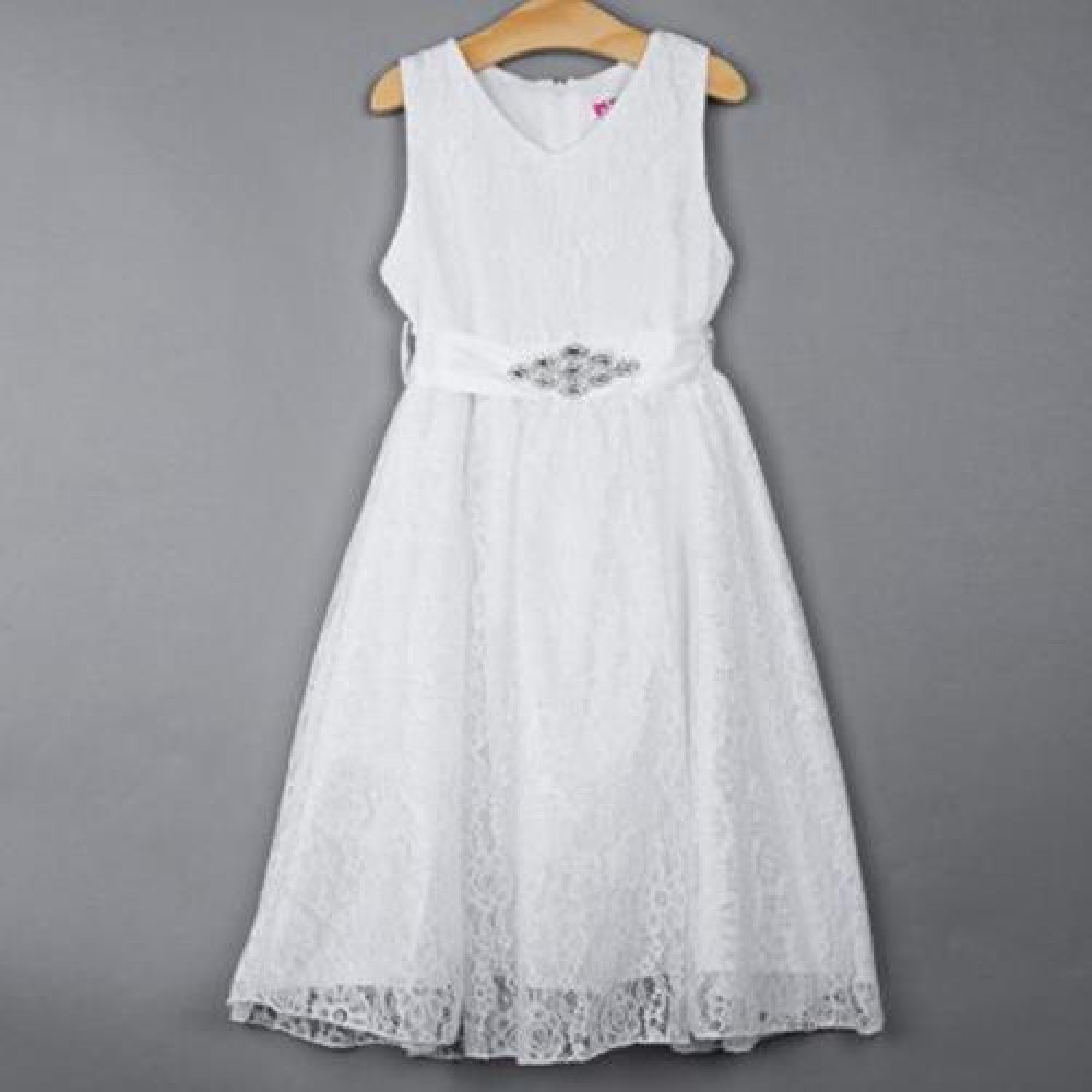 REFINED V-NECK SLEEVELESS FLOWER LACE PARTY DRESS WITH RHINESTONE BELT FOR GIRLS (WHITE) REFINED V-NECK SLEEVELESS FLOWER LACE PARTY DRESS WITH RHINESTONE BELT FOR GIRLS (WHITE)