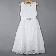 REFINED V-NECK SLEEVELESS FLOWER LACE PARTY DRESS WITH RHINESTONE BELT FOR GIRLS (WHITE)