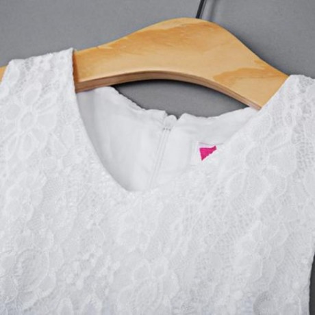 REFINED V-NECK SLEEVELESS FLOWER LACE PARTY DRESS WITH RHINESTONE BELT FOR GIRLS (WHITE)