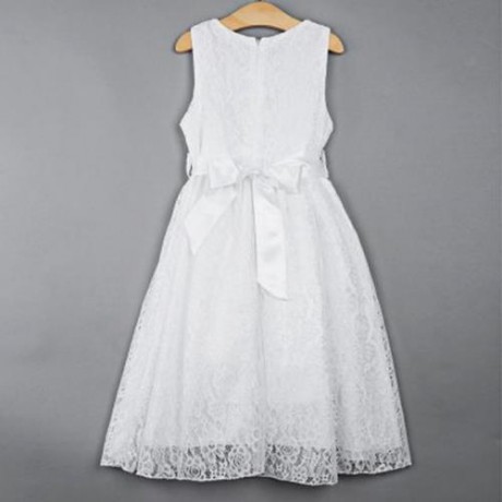 REFINED V-NECK SLEEVELESS FLOWER LACE PARTY DRESS WITH RHINESTONE BELT FOR GIRLS (WHITE)