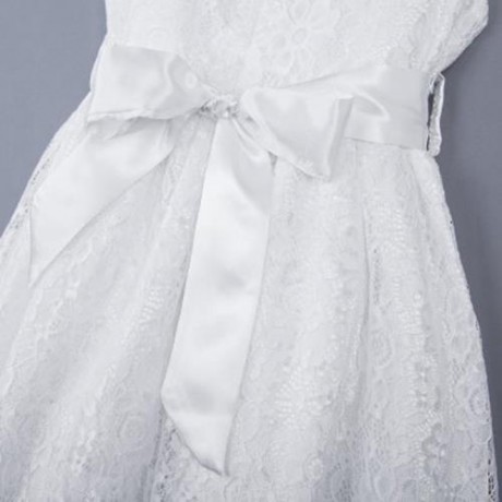 REFINED V-NECK SLEEVELESS FLOWER LACE PARTY DRESS WITH RHINESTONE BELT FOR GIRLS (WHITE)