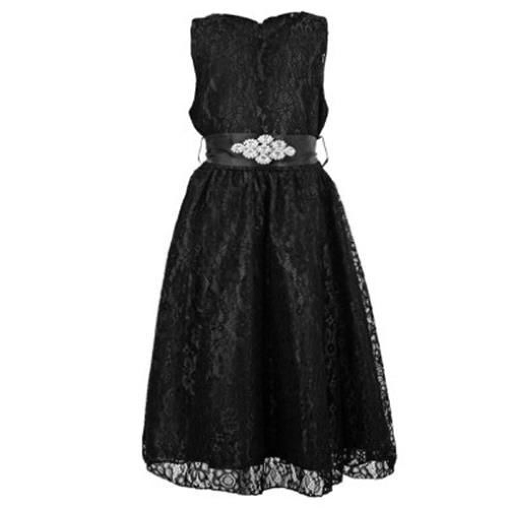 REFINED V-NECK SLEEVELESS FLOWER LACE PARTY DRESS WITH RHINESTONE BELT FOR GIRLS (BLACK) REFINED V-NECK SLEEVELESS FLOWER LACE PARTY DRESS WITH RHINESTONE BELT FOR GIRLS (BLACK)